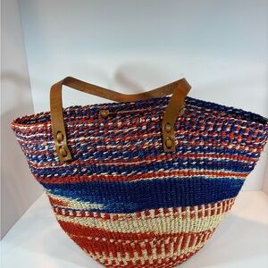 Source Unknown Red and Blue Tote Bag with Leather Handles